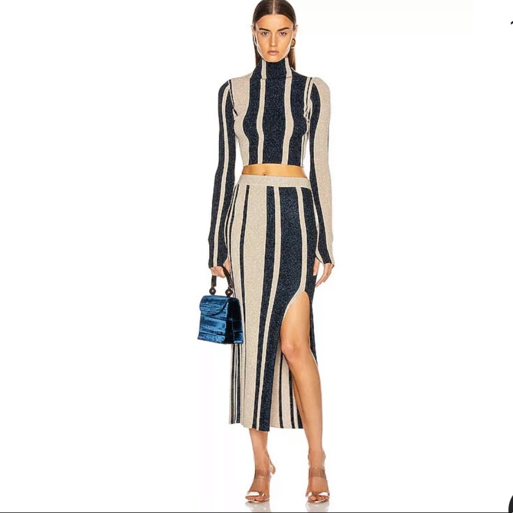 Self Portrait Stripe Knit Midi Skirt + Sweater SET